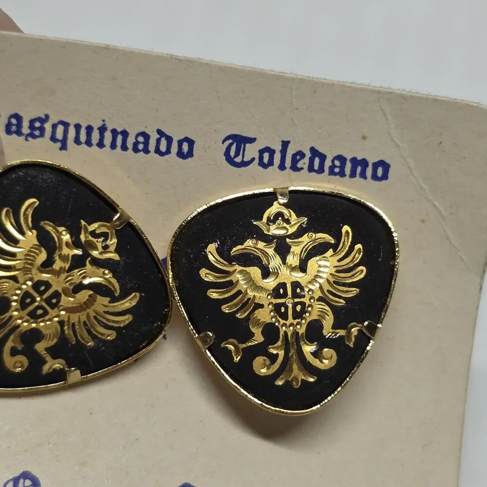VINTAGE 1960s CUFFLINKS DOUBLE HEAD EAGLE DAMASCENE TOLEDO WARE SPAIN 24k GP
